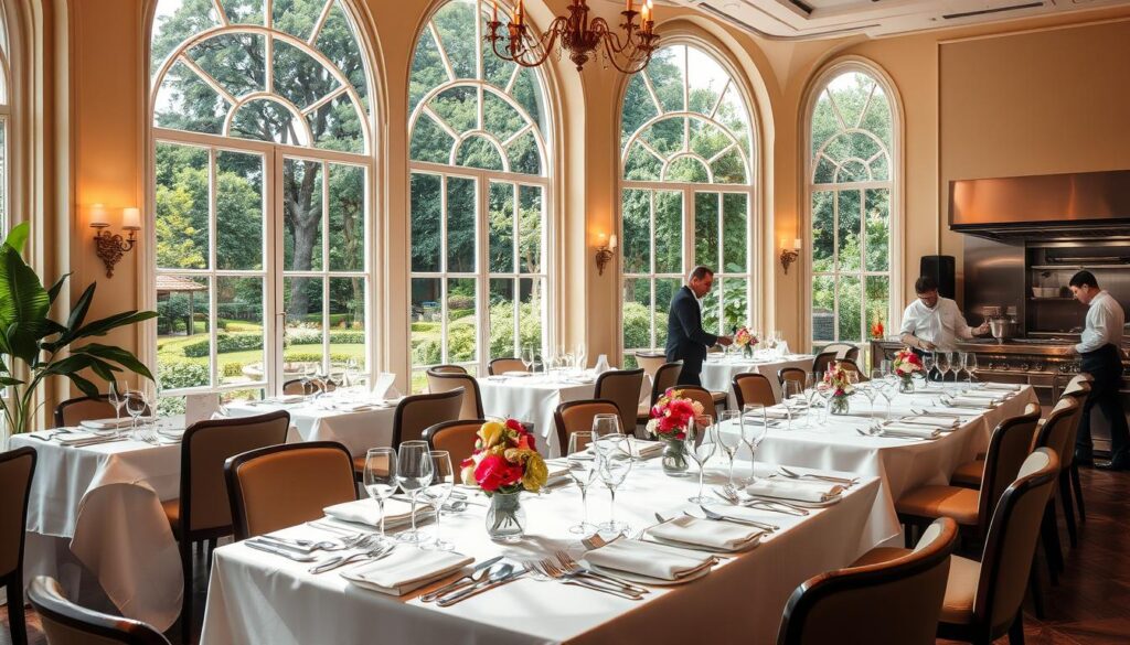 A lavish fine dining restaurant set in a lush, verdant garden oasis. The elegant dining room features tall arched windows that flood the space with warm, natural light and offer breathtaking views of the immaculately manicured grounds. Crisp white tablecloths, gleaming silverware, and delicate floral centerpieces set an opulent yet inviting atmosphere. The chefs in the open kitchen skillfully prepare exquisite gourmet dishes, their expert techniques on full display. Servers move gracefully through the space, attending to the needs of discerning diners. An overall sense of refined sophistication, where the culinary experience is elevated by the serene, picturesque setting.