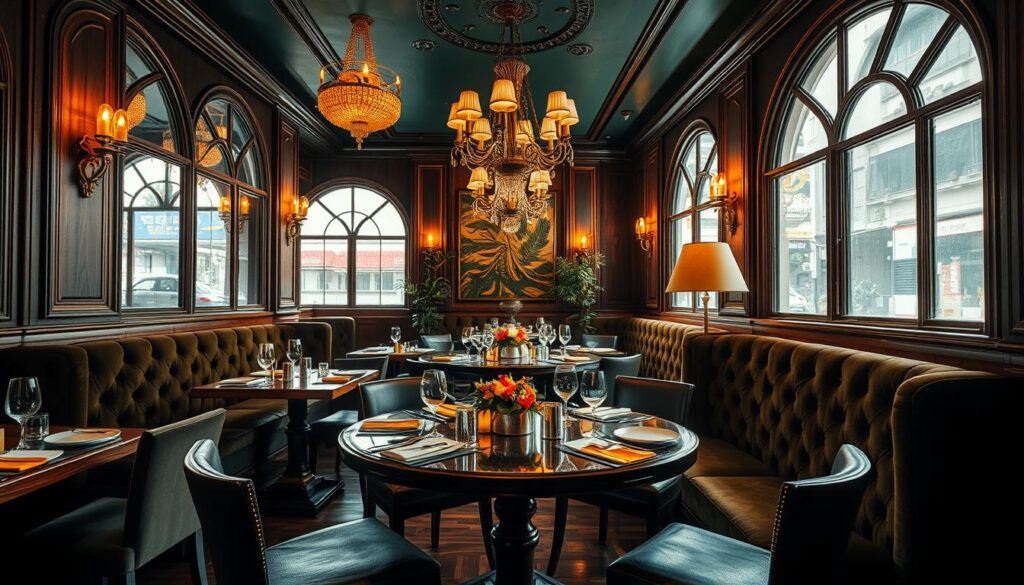 A lush, intimate dining space nestled in the heart of Surabaya's vibrant city center. Plush velvet seating, opulent chandeliers, and a warm, inviting ambiance create an atmosphere of refined elegance. Tasteful art deco accents and polished wood furnishings evoke the timeless sophistication of a bygone era. Large arched windows flood the room with soft, natural light, casting a golden glow across the tables. Elegant place settings and artfully presented gourmet dishes suggest an exceptional dining experience, all at a surprisingly affordable price point. This is The Socialite Surabaya - a hidden gem where the luxurious and the accessible seamlessly converge.
