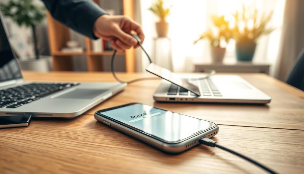 A close-up scene depicting the process of restoring data on an iPhone without using iCloud. In the foreground, an iPhone placed on a wooden desk, with open screen showing a progress bar indicating data restoration. Surrounding the phone, external devices like a laptop and a USB cable are neatly arranged. The middle layer features a pair of hands, dressed in professional attire, gently connecting the iPhone to the laptop, emphasizing a technical and careful approach. The background showcases a softly lit home office environment, with a blurred bookshelf and potted plants, creating a warm and inviting atmosphere. The overall mood conveys professionalism and a sense of reliability, with natural light illuminating the scene.