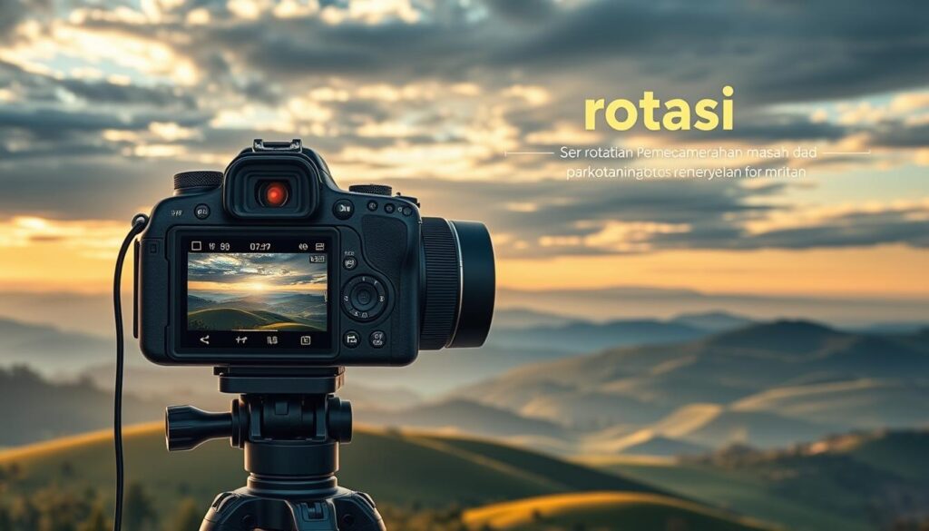 A detailed, highly technical illustration showcasing the "rotasi" or auto-rotation functionality of a camera in a landscape photography setup. The image should depict a camera on a tripod, with a wide-angle lens, capturing a sweeping vista of rolling hills, a distant horizon, and a dramatic sky with interplay of light and shadow. The camera interface should be visible, highlighting the automatic rotation settings. The overall composition should convey a sense of precision, problem-solving, and advanced photography techniques, aligning with the "Panduan Pemecahan Masalah dan Penyetelan Lanjutan" section title. Lighting should be natural, with a soft, golden hour glow accentuating the camera's features. The scene should feel serene, informative, and technically proficient.