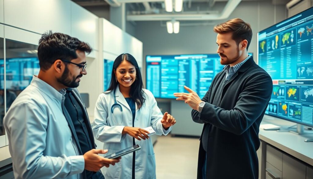 A diverse group of international researchers in a modern laboratory, engaging in discussions and collaborating on multilingual AI tools. In the foreground, a South Asian male researcher, wearing professional business attire, is analyzing data on a tablet. Beside him, a Black female scientist, dressed in a lab coat, is pointing at a digital screen displaying various languages. In the middle ground, a Caucasian male researcher is using a sophisticated AI language model interface, showing different translations. The background features advanced laboratory equipment and large screens filled with scientific data. Soft, ambient lighting creates a collaborative and innovative atmosphere, emphasizing the multicultural teamwork essential in global research efforts. Shot with a slight overhead angle to capture the dynamic interaction.