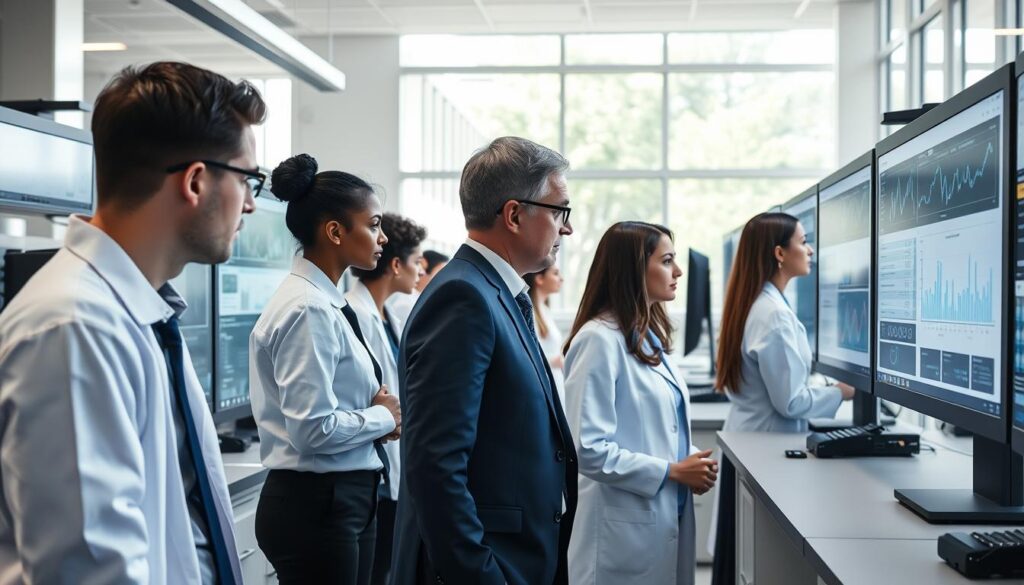 A modern research laboratory, showcasing the precision and accuracy of data collection using artificial intelligence. In the foreground, a diverse group of scientists dressed in professional business attire, engaged in analyzing data on large screens filled with graphs and digital visualizations. In the middle ground, high-tech equipment such as AI-powered computers and interactive displays demonstrate the integration of technology in research. The background features a bright, well-lit room with large windows, allowing natural light to pour in, creating a sense of openness and collaboration. The atmosphere is focused and forward-thinking, emphasizing the importance of data quality in scientific research. The image should have a clean, contemporary aesthetic, with a balanced composition and clear angles that guide the viewer’s eye towards the scientists and their work.
