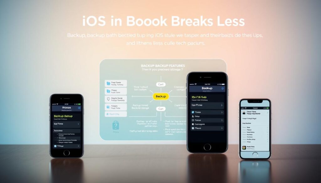 A visually engaging infographic presenting a comparison of backup features in various iOS versions. In the foreground, there are sleek, modern iPhones displayed, depicting their respective iOS interfaces showing backup options like iTunes and Finder. In the middle ground, a technical diagram or flowchart visually contrasts the backup processes and highlight differences in storage and efficiency across iOS systems. The background features a soft gradient of cool tech-themed colors, creating a professional and informative atmosphere. Use soft, natural lighting to enhance the clarity of details in the devices, with a slight focus blur on the background. The overall mood should be technical yet approachable, suitable for a professional audience.
