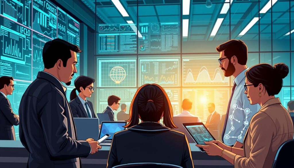 A detailed illustration of the machine learning process, featuring a diverse group of professionals in business attire working collaboratively at a modern workspace. In the foreground, show a large digital display screen visualizing complex data patterns and algorithms. The middle should include individuals actively engaging with laptops and tablets, analyzing graphs and neural networks. In the background, depict a sleek, high-tech environment with glass walls and advanced technology. The lighting is bright and focused, emphasizing a sense of innovation. The atmosphere is dynamic and collaborative, reflecting the excitement of exploring machine learning as a vital component of artificial intelligence.