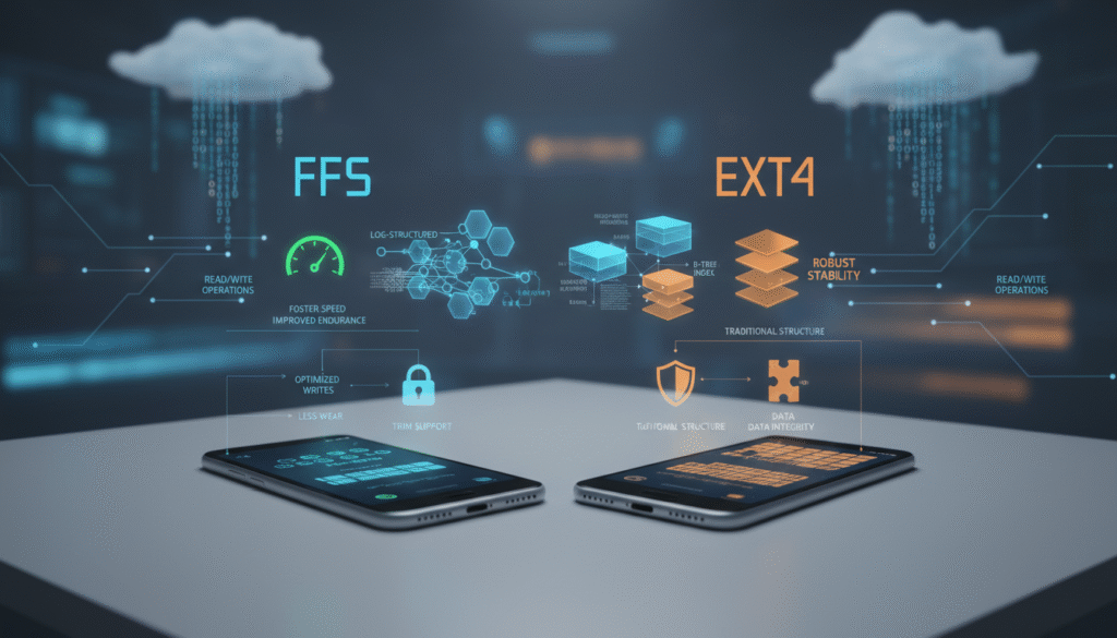 A detailed, technical illustration comparing the advantages of F2FS and EXT4 file systems in a smartphone context. In the foreground, display two distinct smartphones, one representing F2FS and the other EXT4, both set against a sleek, modern workspace. In the middle ground, incorporate digital representations of file systems, like graphical blocks and data flows, visually illustrating stability and compatibility. The background should feature a tech-themed environment, with subtle circuit patterns and data cloud motifs. Use soft, ambient lighting to evoke a professional atmosphere, focusing on clarity and detail, and utilize a slight depth of field to emphasize the smartphones and file systems, creating a sense of precision and innovation. A detailed, technical illustration comparing the advantages of F2FS and EXT4 file systems in a smartphone context. In the foreground, display two distinct smartphones, one representing F2FS and the other EXT4, both set against a sleek, modern workspace. In the middle ground, incorporate digital representations of file systems, like graphical blocks and data flows, visually illustrating stability and compatibility. The background should feature a tech-themed environment, with subtle circuit patterns and data cloud motifs. Use soft, ambient lighting to evoke a professional atmosphere, focusing on clarity and detail, and utilize a slight depth of field to emphasize the smartphones and file systems, creating a sense of precision and innovation.