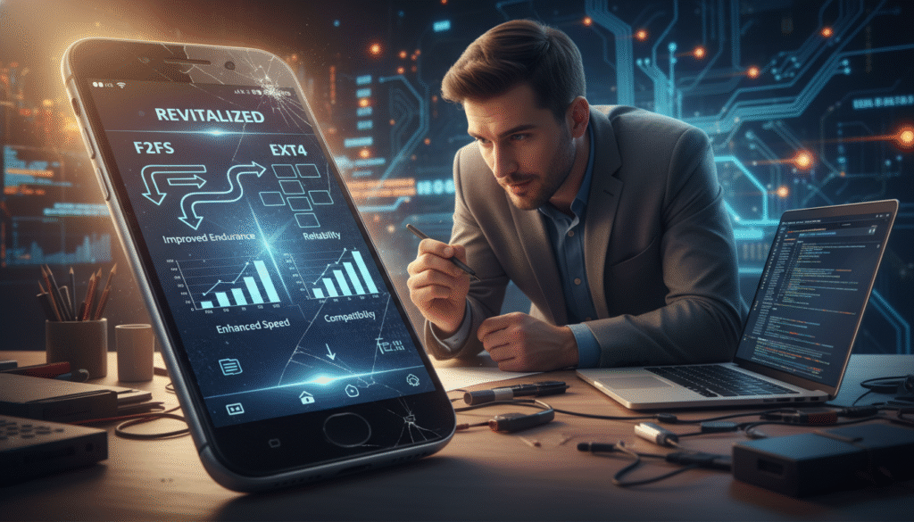 A digital illustration showcasing the impact of file systems on old smartphones. In the foreground, a close-up of an aged smartphone displaying an intricate graphic representation of the F2FS and EXT4 file systems, with highlighted features like speed and performance metrics. In the middle ground, a technician in a professional business attire is analyzing the smartphone, looking intrigued and engaged, with tools like a laptop and diagnostic equipment nearby. The background features an abstract representation of digital data flow, with circuit patterns and data nodes symbolizing speed enhancement. Soft, warm lighting accentuates the scene, creating a blend of curiosity and innovation, with a focus on technology's potential to revive aging devices. A digital illustration showcasing the impact of file systems on old smartphones. In the foreground, a close-up of an aged smartphone displaying an intricate graphic representation of the F2FS and EXT4 file systems, with highlighted features like speed and performance metrics. In the middle ground, a technician in a professional business attire is analyzing the smartphone, looking intrigued and engaged, with tools like a laptop and diagnostic equipment nearby. The background features an abstract representation of digital data flow, with circuit patterns and data nodes symbolizing speed enhancement. Soft, warm lighting accentuates the scene, creating a blend of curiosity and innovation, with a focus on technology's potential to revive aging devices.