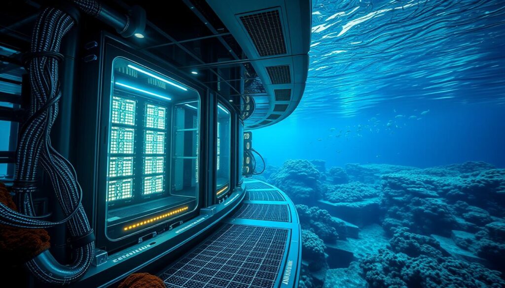 A futuristic underwater data center illuminated by bioluminescent lights, showcasing a large supercomputer encased in transparent protective housing. In the foreground, observe intricate cooling systems with flowing water, emphasizing energy efficiency. The middle ground features rows of sleek data servers with illuminated LED indicators, seamlessly integrated into the ocean environment, highlighting innovation in technology. The background reveals a serene underwater scene with coral reefs and schools of fish, providing a vibrant contrast to the high-tech elements. The lighting is a mix of soft blues and greens, creating a tranquil yet energized atmosphere. Use a wide-angle lens to capture the expansive underwater space, conveying a sense of depth and wonder while retaining a professional tone.