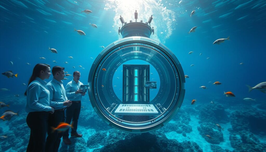 A futuristic underwater scene depicting the Microsoft Project Natick deployment, showcasing a sleek, submerged data center within a transparent cylindrical structure surrounded by vibrant marine life. In the foreground, a diverse group of engineers in professional business attire inspect the deployment using holographic displays, their expressions focused and collaborative. The middle ground highlights the advanced cooling system integrated into the structure, with glimmering lights reflecting off the water. The background features the deep blue ocean, with sunlight filtering through the water, creating a serene yet high-tech atmosphere. Capture the innovation and success of this underwater supercomputer project, emphasizing the harmony between technology and nature. Use soft, ambient lighting to enhance the calm mood of the underwater environment.