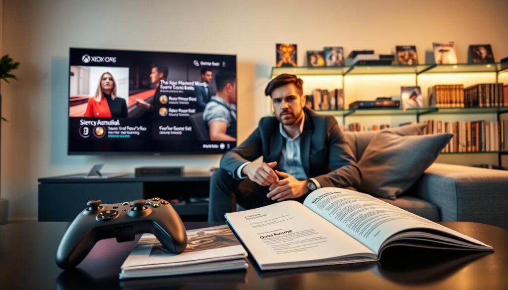 A sleek, modern living room scene featuring a large flat-screen TV displaying an Xbox interface. In the foreground, an Xbox controller rests on a stylish coffee table, alongside a user manual with highlighted sections about "Quick Resume." In the middle, a professional-looking gamer in smart casual attire sits comfortably on a plush couch, intently focused on the screen, exhibiting a frustrated yet determined expression. The background is softly lit, showcasing gaming shelves filled with popular game titles and accessories, enhancing the atmosphere of a dedicated gaming space. Use warm lighting to create a cozy, inviting environment, with soft shadows and a slight lens blur for depth, evoking a sense of practicality and resolve in tackling gaming issues.
