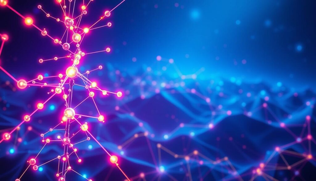 A vibrant and intricate artistic representation of a deep learning neural network. In the foreground, a glowing neural network structure, with interconnected nodes and vibrant, pulsing lines of light, emphasizing the complexity of deep learning. The middle ground features abstract geometric patterns that suggest data flow and processing, blending seamlessly with the neural structure. In the background, a subtle digital landscape filled with binary code and circuit board motifs, creating a high-tech ambiance. The lighting is dynamic, with a cool blue and purple color palette, casting an ethereal glow throughout the scene. The overall mood is futuristic and innovative, evoking a sense of advanced technology and the cutting-edge nature of deep learning.