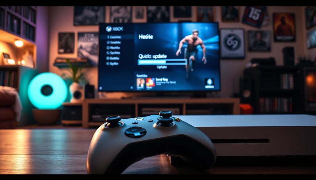 A visually striking scene depicting a modern gaming setup showcasing the Xbox console in the foreground, with a focus on its interface displaying the "Quick Resume" feature. The controller lies next to an open game case, emphasizing the concept of game updates. In the middle ground, a large TV screen shows the Xbox menu, highlighting a game with a loading bar that indicates an update, casting a soft blue glow across the room. The background features a cozy gaming environment, complete with ambient lighting, shelves filled with game collections, and posters on the walls. The atmosphere is tense yet hopeful, suggesting the anticipation of a gaming session after an update. The lighting is warm and inviting, enhancing the intimate gaming experience.