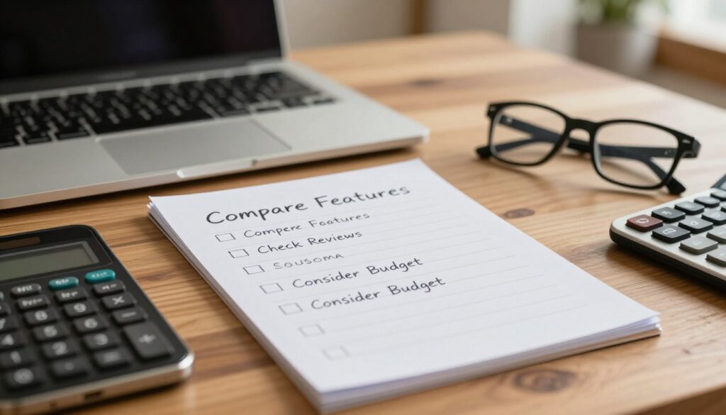 A detailed checklist for buying a smartphone, prominently displayed on a wooden table. The checklist includes specific points like "Compare Features," "Check Reviews," and "Consider Budget," written in neat handwriting. In the foreground, there are items like a smartphone, a calculator, and a notepad, suggesting a thoughtful purchasing process. The middle ground features a blurred-out laptop and a pair of stylish glasses, symbolizing research and attention to detail. The background shows a softly lit room with warm lighting, creating a cozy and focused atmosphere. The overall mood conveys the importance of making informed decisions before checkout. The angles are slightly overhead, giving a clear view of the checklist while maintaining an inviting depth. No text, logos, or distractions are present in the image. A detailed checklist for buying a smartphone, prominently displayed on a wooden table. The checklist includes specific points like "Compare Features," "Check Reviews," and "Consider Budget," written in neat handwriting. In the foreground, there are items like a smartphone, a calculator, and a notepad, suggesting a thoughtful purchasing process. The middle ground features a blurred-out laptop and a pair of stylish glasses, symbolizing research and attention to detail. The background shows a softly lit room with warm lighting, creating a cozy and focused atmosphere. The overall mood conveys the importance of making informed decisions before checkout. The angles are slightly overhead, giving a clear view of the checklist while maintaining an inviting depth. No text, logos, or distractions are present in the image.