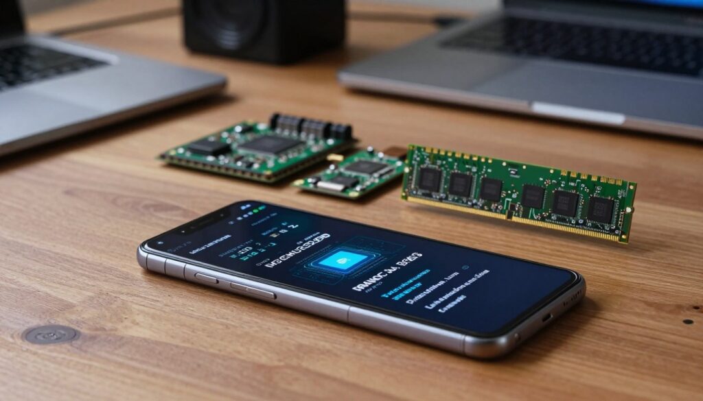 A detailed comparison of smartphone chipsets and RAM, showcasing a sleek, modern smartphone design prominently in the foreground. The device is displayed on a wooden table, its screen lit up with processor and RAM statistics visually represented. In the middle ground, various smartphone components like circuit boards and RAM sticks are artistically arranged to give a sense of depth and technology. The background features a blurred tech workspace with faint shadows of tools and devices, creating an ambiance of innovation. Soft, diffused lighting highlights the smartphone and components, using a shallow depth of field to keep the focus clear. The mood is informative yet engaging, emphasizing the critical importance of understanding hardware specs beyond just numbers. A detailed comparison of smartphone chipsets and RAM, showcasing a sleek, modern smartphone design prominently in the foreground. The device is displayed on a wooden table, its screen lit up with processor and RAM statistics visually represented. In the middle ground, various smartphone components like circuit boards and RAM sticks are artistically arranged to give a sense of depth and technology. The background features a blurred tech workspace with faint shadows of tools and devices, creating an ambiance of innovation. Soft, diffused lighting highlights the smartphone and components, using a shallow depth of field to keep the focus clear. The mood is informative yet engaging, emphasizing the critical importance of understanding hardware specs beyond just numbers.